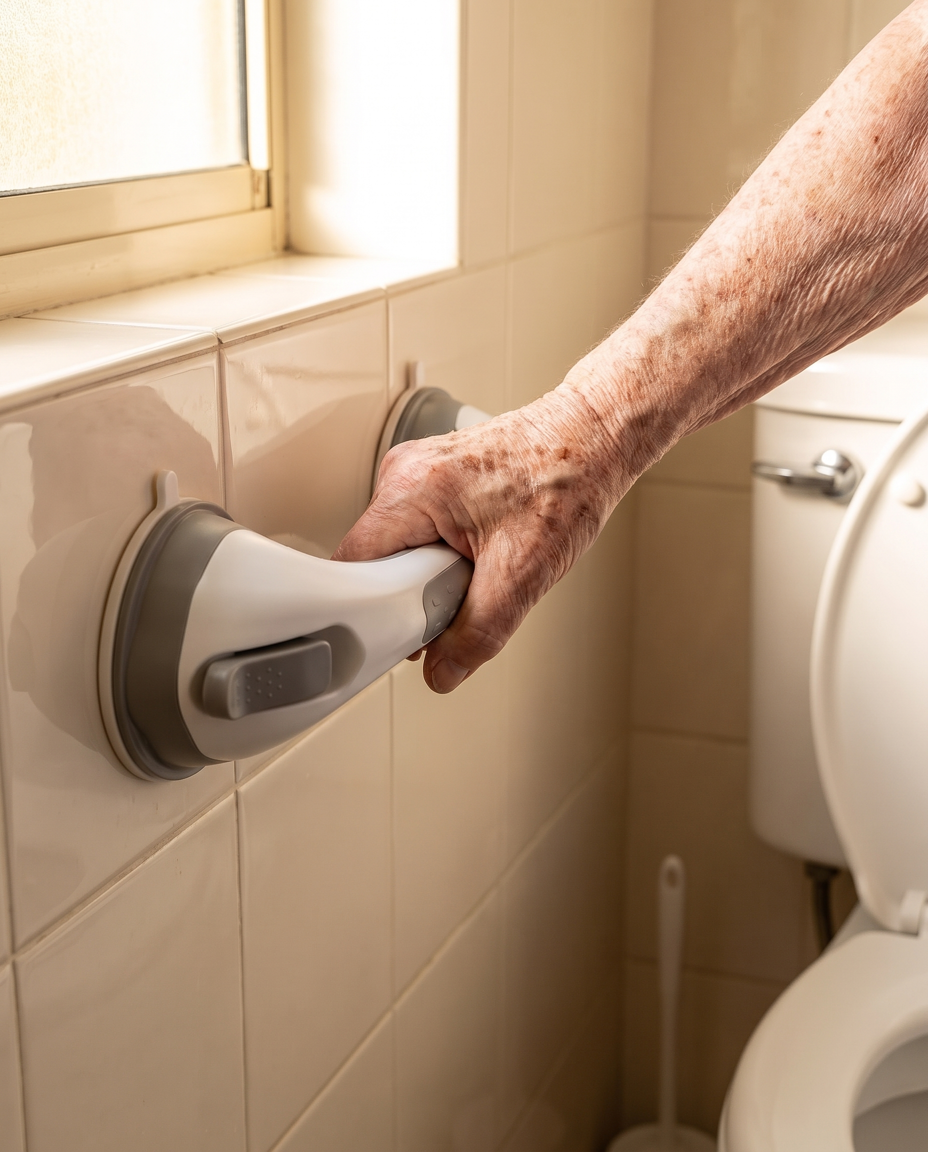 Elderly hand gripping SafeGrip beside the toilet for steady support