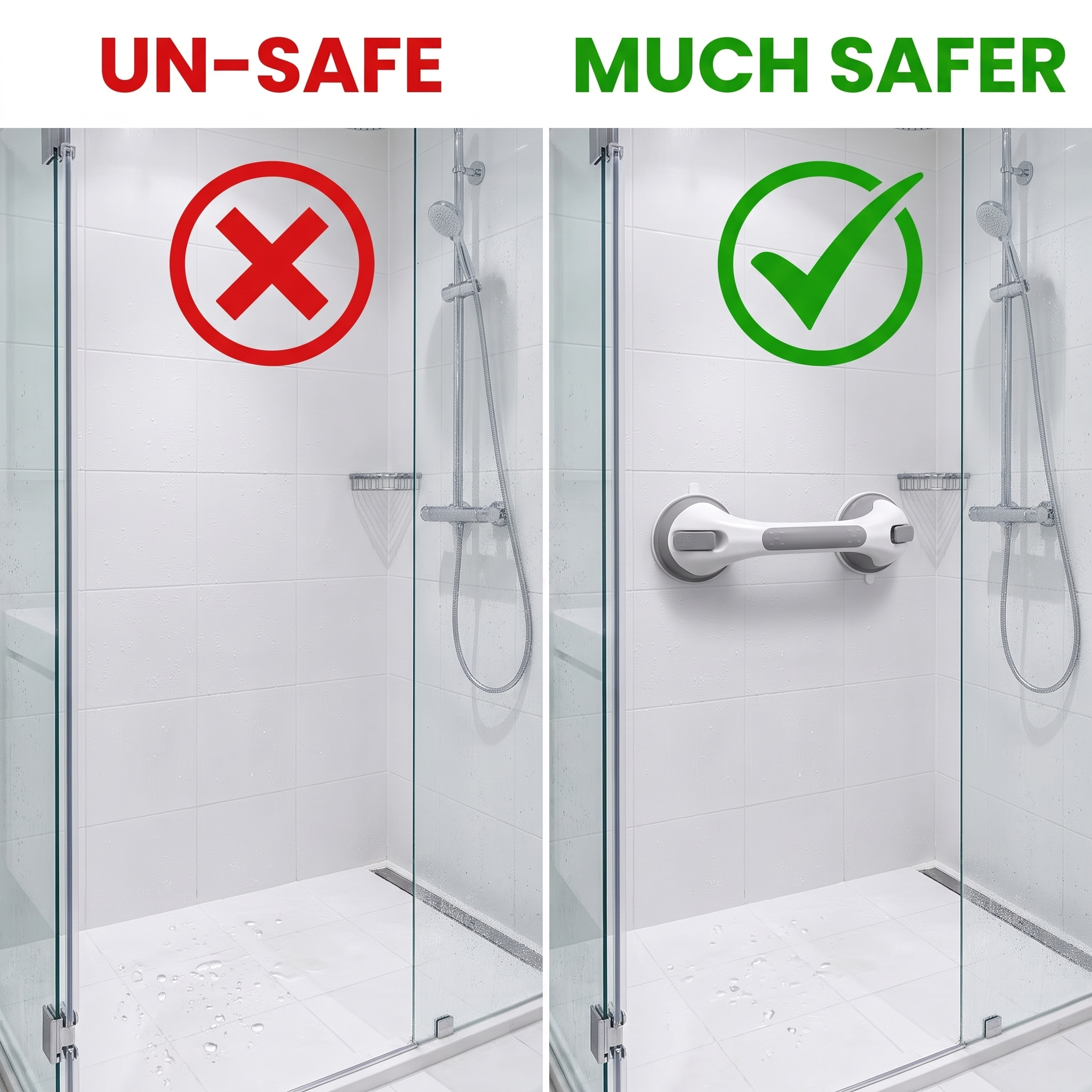 Shower without a grab bar is unsafe vs much safer with SafeGrip