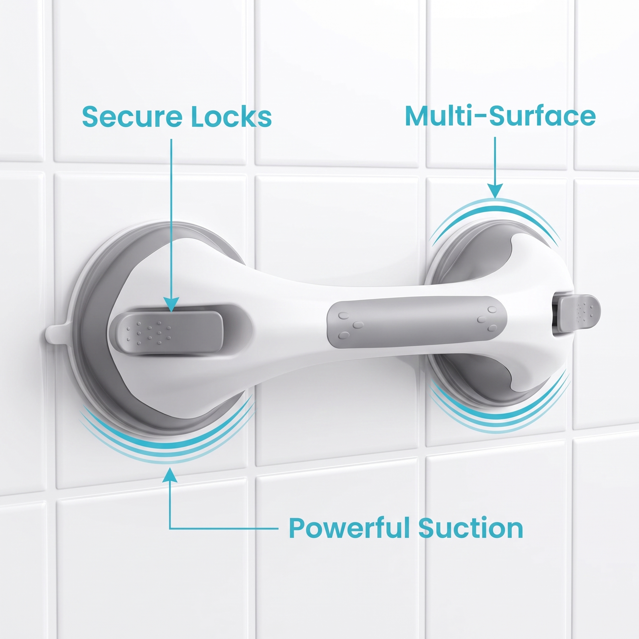 SafeGrip features: secure locks, multi-surface, powerful suction