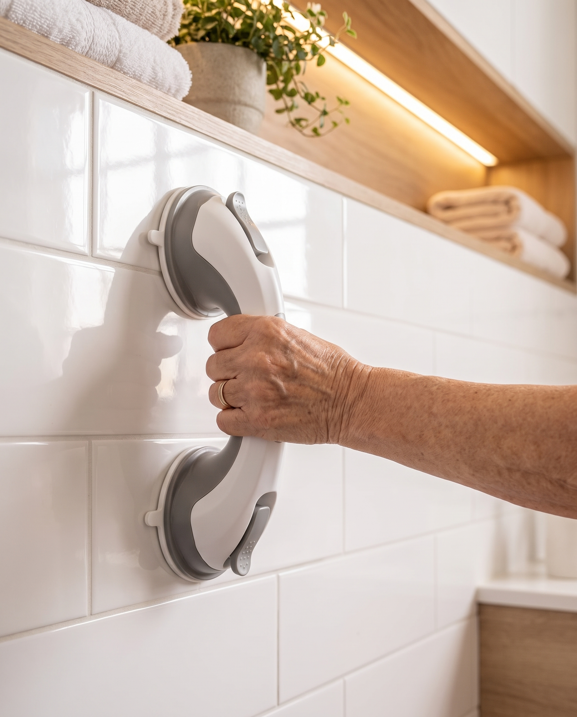 Senior hand gripping the SafeGrip safety bar in a bathroom